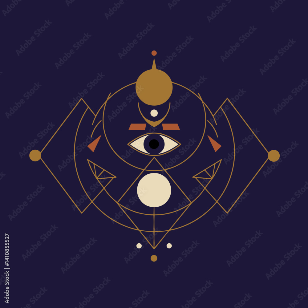 Geometric spiritual symbols in gold on dark background Esoterics