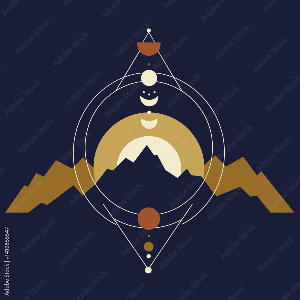 Geometric mountain landscape with celestial elements in gold Esoterics