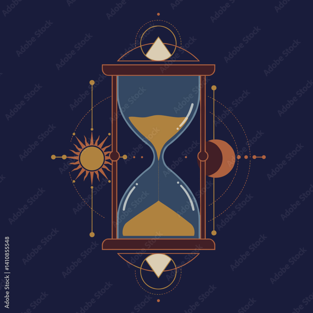 Hourglass design with symbolic elements on a dark background Esoterics