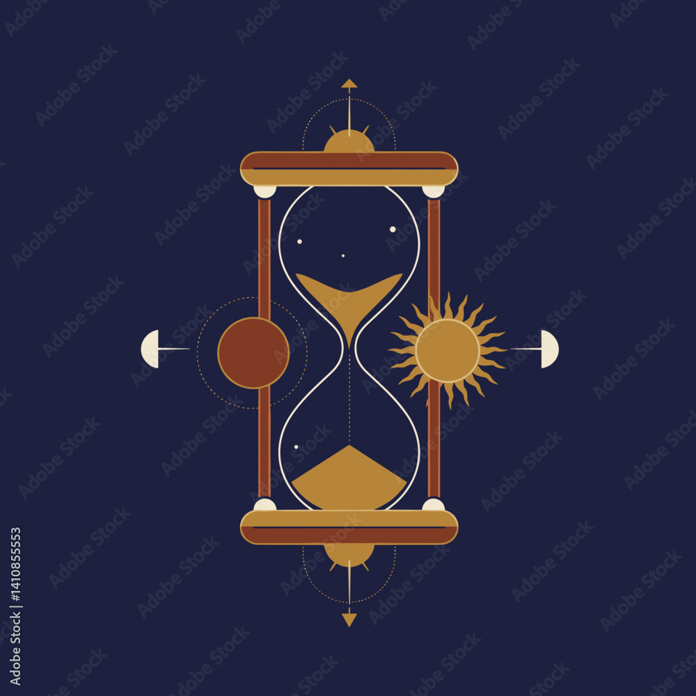 Hourglass symbol with sun and moon on dark background Esoterics