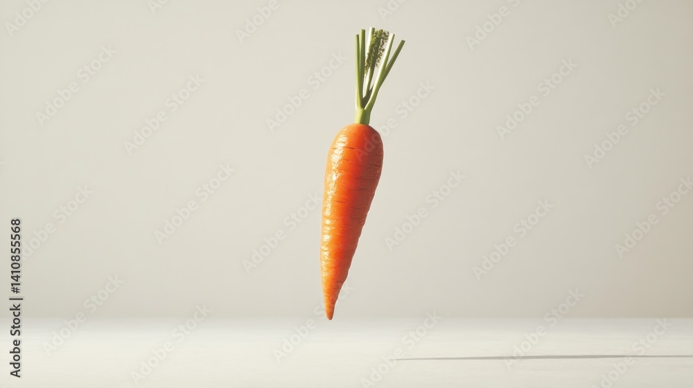 A single carrot floating in mid-air, isolated on a white background with natural lighting for a fresh, dynamic food photography look