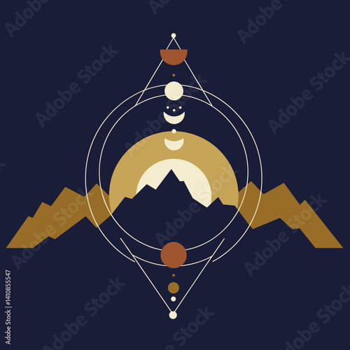 Obraz na płótnie Geometric mountain landscape with celestial elements in gold Esoterics w salonie