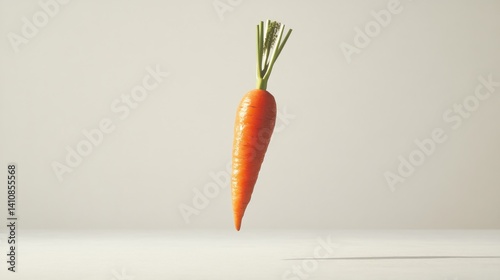 Obraz na płótnie A single carrot floating in mid-air, isolated on a white background with natural lighting for a fresh, dynamic food photography look w salonie