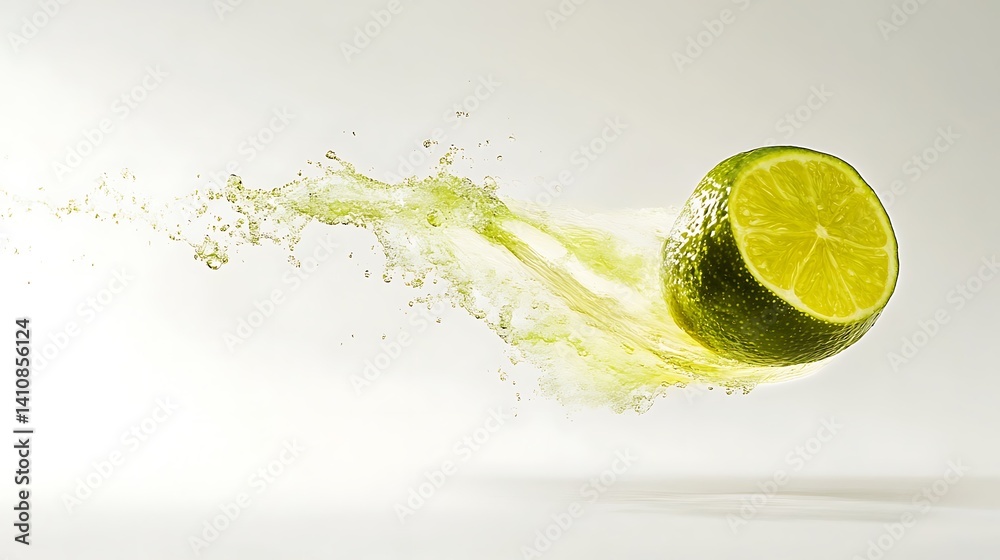 A single lime floating mid-air, isolated on a white background for a fun and fresh food photography shot