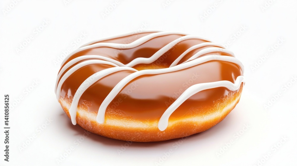 A single, glazed donut with a caramel-colored base and drizzled white icing, beautifully isolated on a plain white background