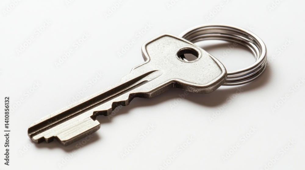 A single metal key on a keyring, isolated on a white background, symbolizing security and access
