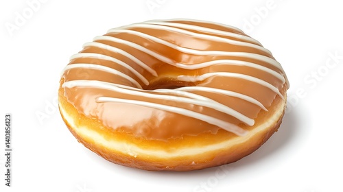 Obraz na płótnie A single, glazed donut with a caramel-colored base and drizzled white icing, beautifully isolated on a plain white background w salonie