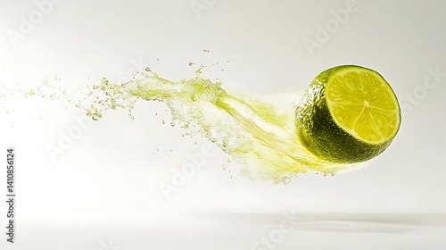 Obraz na płótnie A single lime floating mid-air, isolated on a white background for a fun and fresh food photography shot w salonie