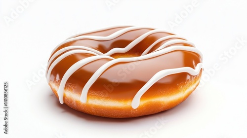 Obraz na płótnie A single, glazed donut with a caramel-colored base and drizzled white icing, beautifully isolated on a plain white background w salonie