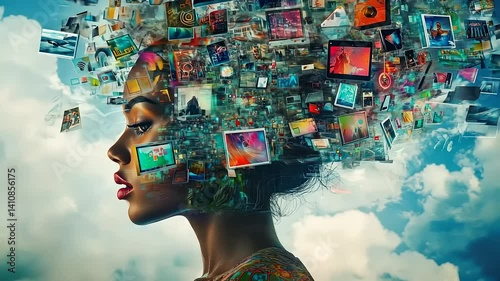 Digital Mind: A Woman's head filled with a myriad of digital images and screens, symbolizing the overwhelming influx of information in today's digital age.