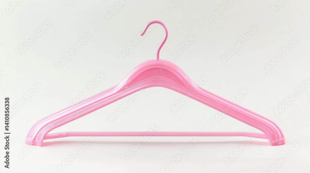 A single pink plastic clothes hanger, isolated on a white background, highlighting its practical and functional design