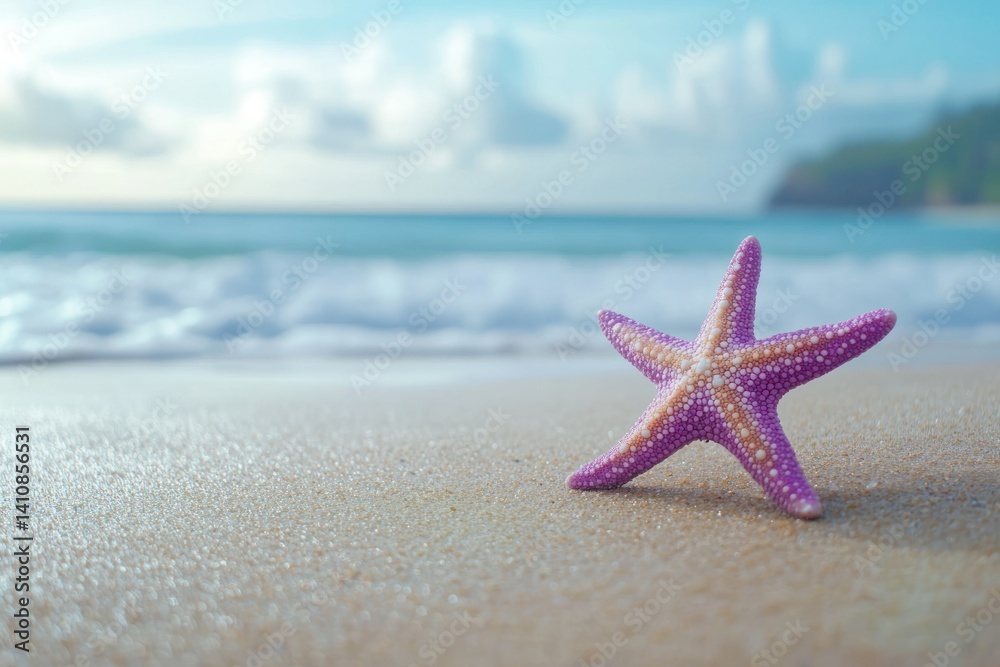A single vibrant sea star placed gently on the sand, with a nearby beach item and plenty of space for copy or text