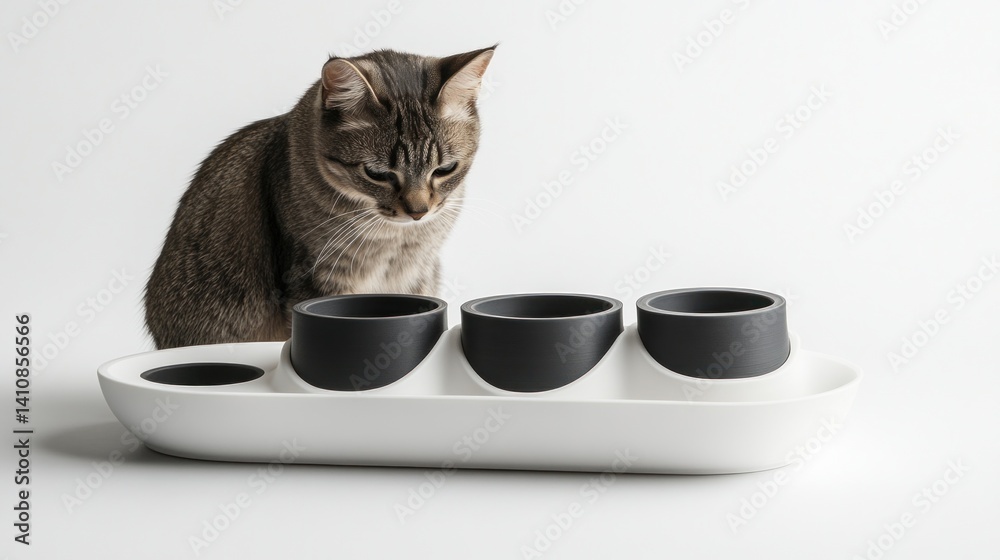A sleek, 3D-printed pet feeding station designed with modern aesthetics, isolated on a white background for a sophisticated look