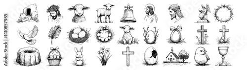 christian easter symbols with jesus, resurrection, savior, cross, lamb and holy chalice vector hand drawn doodle ink sketch