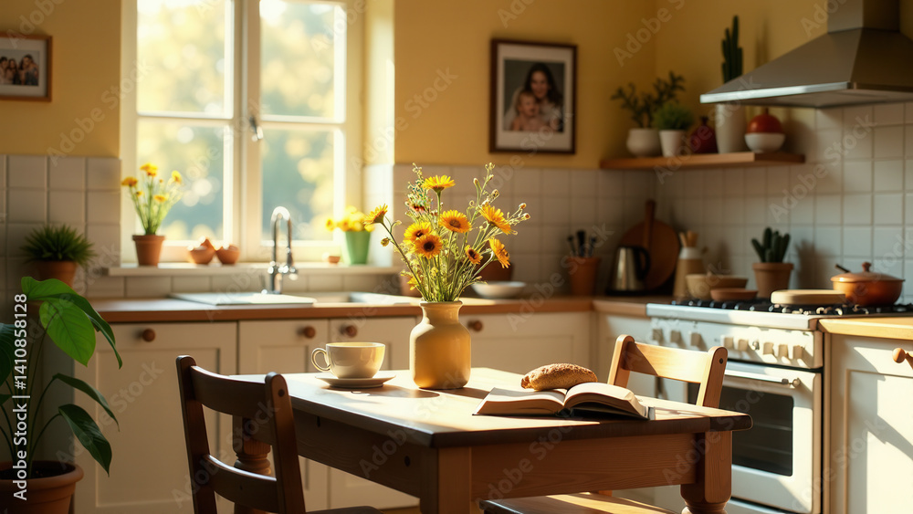 A table with a vase of flowers in a kitchen A table with a vase of flowers in a kitchen
