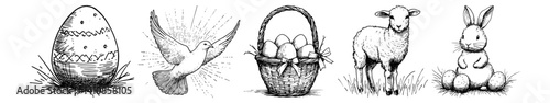 easter symbols with egg, dove, basket, lamb and bunny vector hand drawn doodle ink sketch