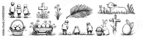 easter scenes with children, cross, lamb, eggs, bunny and spring flowers vector hand drawn doodle ink sketch