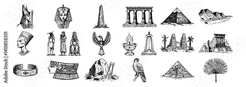 ancient egyptian symbols and landmarks with pyramids, pharaohs, obelisks and gods vector hand drawn doodle ink sketch