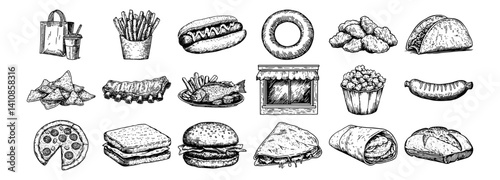 street food and fast food icons with burger, fries, pizza, taco, sandwich and hot dog vector hand drawn doodle ink sketch