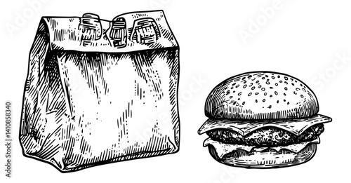 burger and takeaway paper bag food sketch vector hand drawn doodle ink sketch