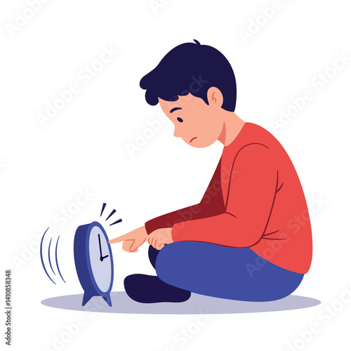 Young boy in red shirt and blue pants sitting thoughtfully beside ringing alarm clock flat minimal vector illustration