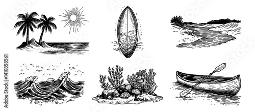 each and ocean scenes with palm trees, waves, surfboard, coral reef, river and canoe vector hand drawn doodle ink sketch