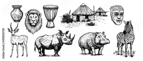 african culture and wildlife with tribal hut, lion, zebra, drum, mask and wild animals vector hand drawn doodle ink sketch