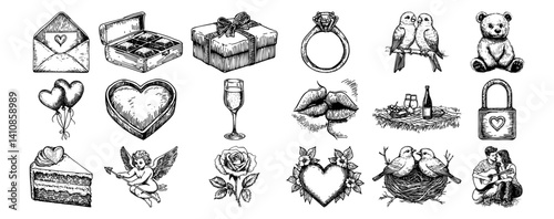 valentine's day elements with hearts, gifts, champagne, love birds, ring and teddy bear vector hand drawn doodle ink sketch