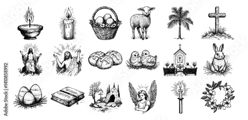 easter and christian symbols including jesus, lamb, bible, cross, eggs and church vector hand drawn doodle ink sketch