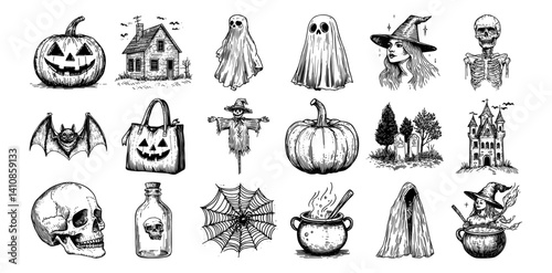 halloween illustrations with pumpkin, ghost, haunted house, skeleton, spider web, potion and witch hat vector hand drawn doodle ink sketch