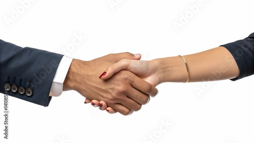 A close up shot of a handshake between a person in a suit and a person with red nail polish
