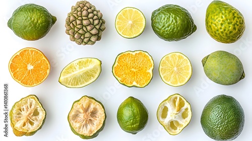 Assorted citrus fruits, whole and halved, displayed on a white background.  Various stages of ripeness and completeness are shown, highlighting the different forms of citrus