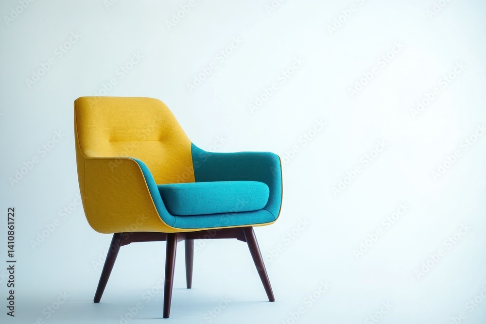 A small, colorful armchair with a minimalist design, placed on a pristine white background, evoking modern comfort