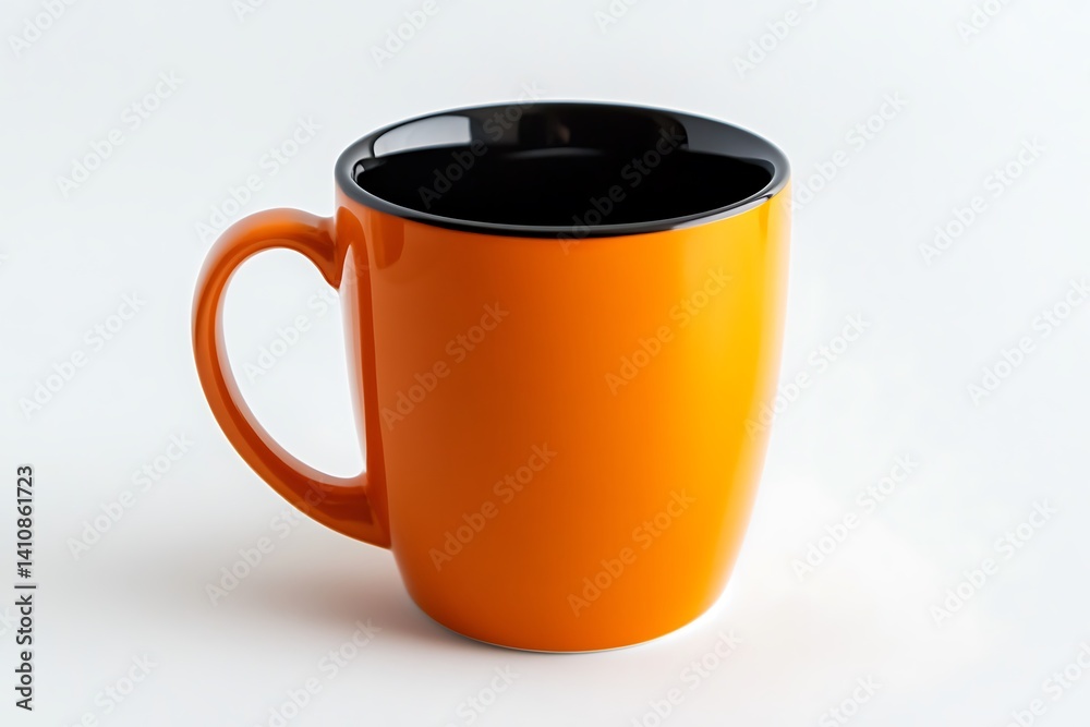 A small orange mug with a black interior, placed on a white background, emphasizing its bold color contrast and clean lines