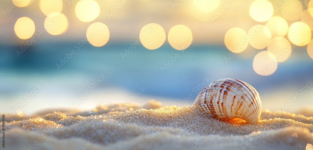 A small seashell nestled in the soft golden sand, set against a blurred sea and bokeh lights in the background