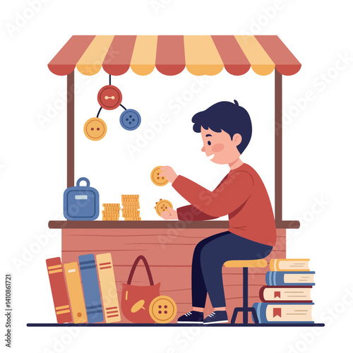 Young boy organizing coins at colorful outdoor market stall flat minimal vector illustration with books, striped canopy, playful mood, and cheerful street scene atmosphere