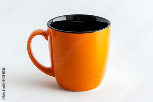 Obraz na płótnie A small orange mug with a black interior, placed on a white background, emphasizing its bold color contrast and clean lines w salonie