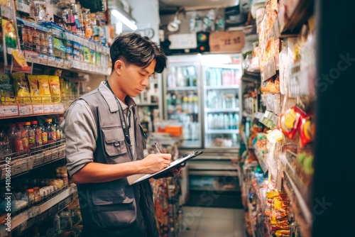 A focused Asian man in a convenience store carefully inspects and documents items on shelves.