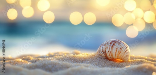 Obraz na płótnie A small seashell nestled in the soft golden sand, set against a blurred sea and bokeh lights in the background w salonie