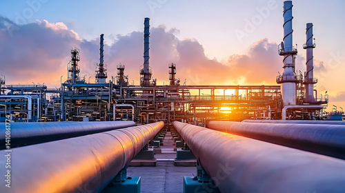 Industrial Oil Refinery Complex At Sunset
