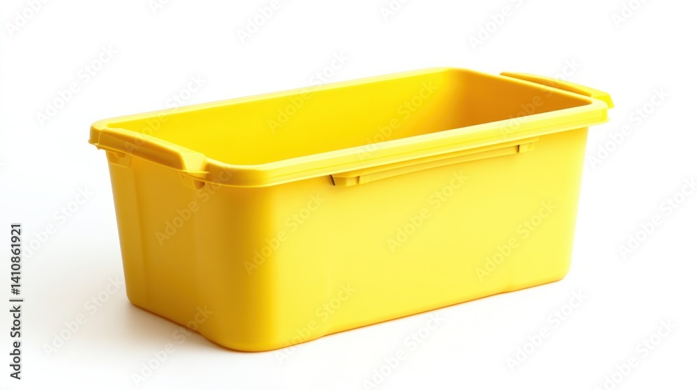 A small, yellow storage container with a simple handle, isolated on a white background, ideal for organizing and storing everyday items