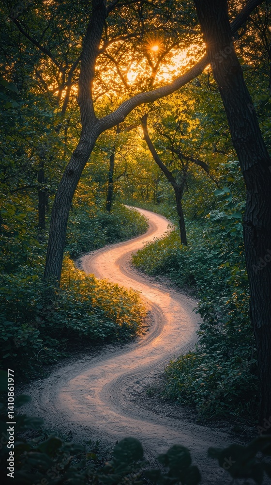 Fototapeta premium Winding path through a forest, bathed in golden sunlight, lush foliage