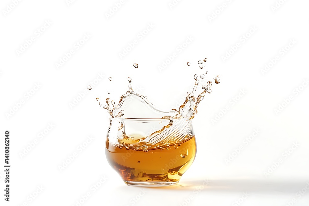 A splash of tea in a falling cup, captured mid-motion, isolated against a white background