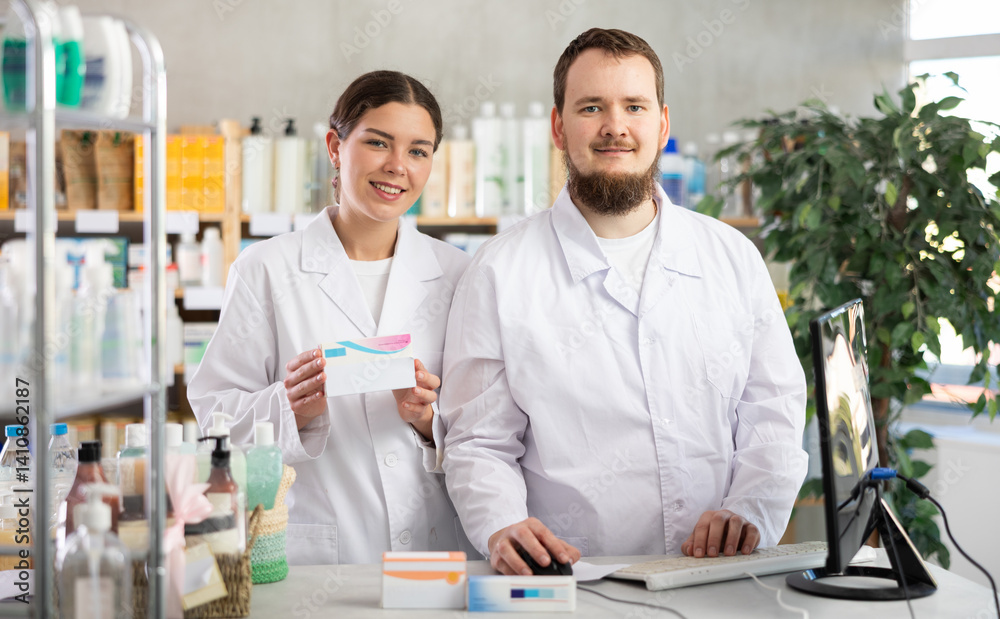 Obraz premium Pharmacists stand near the counter and present new arrivals in the pharmacy. Two pharmacists stand near a computer and invite to shop in a European pharmacy