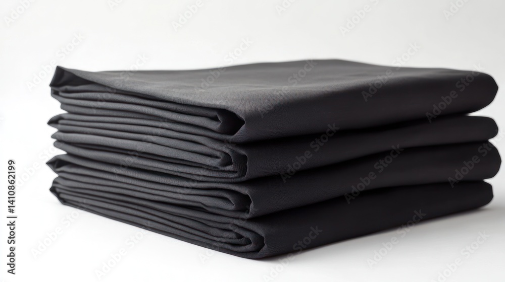 A stack of neatly folded black fabric sheets, isolated on a white background for a minimalist touch.