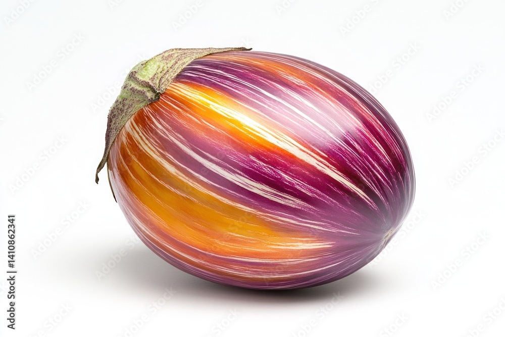 A striped eggplant, vibrant and rich in color, isolated against a pure white backdrop for a modern vegetable photography