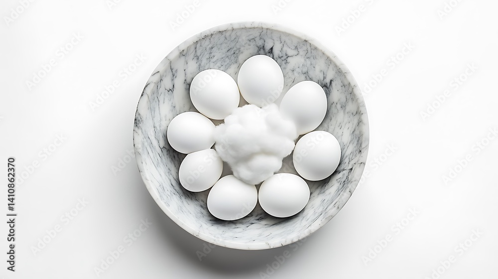 A stunning top-down view of cloud eggs, delicately placed in a trendy marble bowl, isolated on a white background