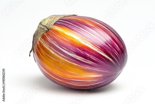 Obraz na płótnie A striped eggplant, vibrant and rich in color, isolated against a pure white backdrop for a modern vegetable photography w salonie