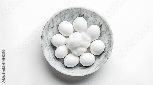 Obraz na płótnie A stunning top-down view of cloud eggs, delicately placed in a trendy marble bowl, isolated on a white background w salonie