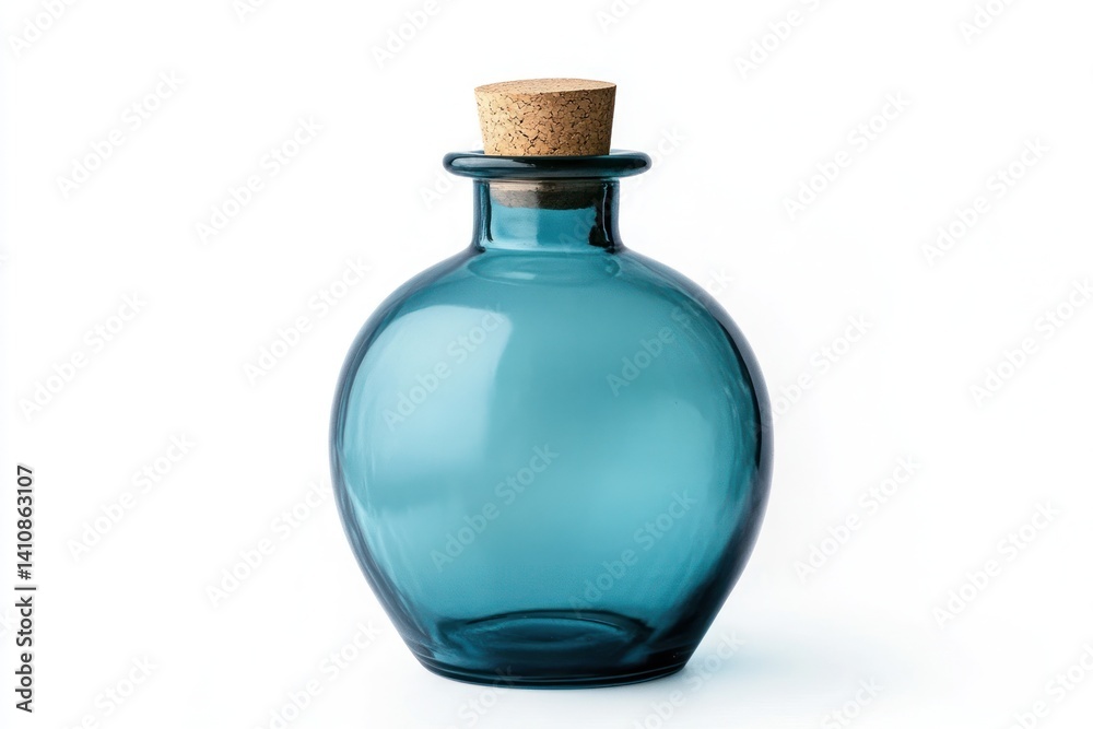 A teal glass bottle with a cork stopper, isolated on a white background, perfect for modern home decor.